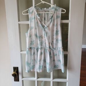 Loft Outlet Womens Sleeveless Blouse Size Medium Teal White Ruffle Peplum